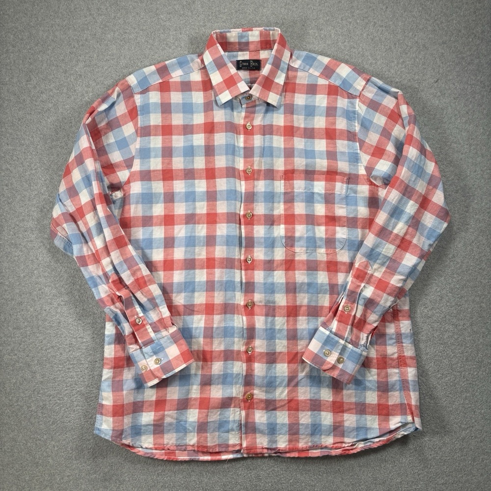 GITMAN BROS Orange Blue Check Linen Long Sleeve Casual‎ Button Down Shirt Large